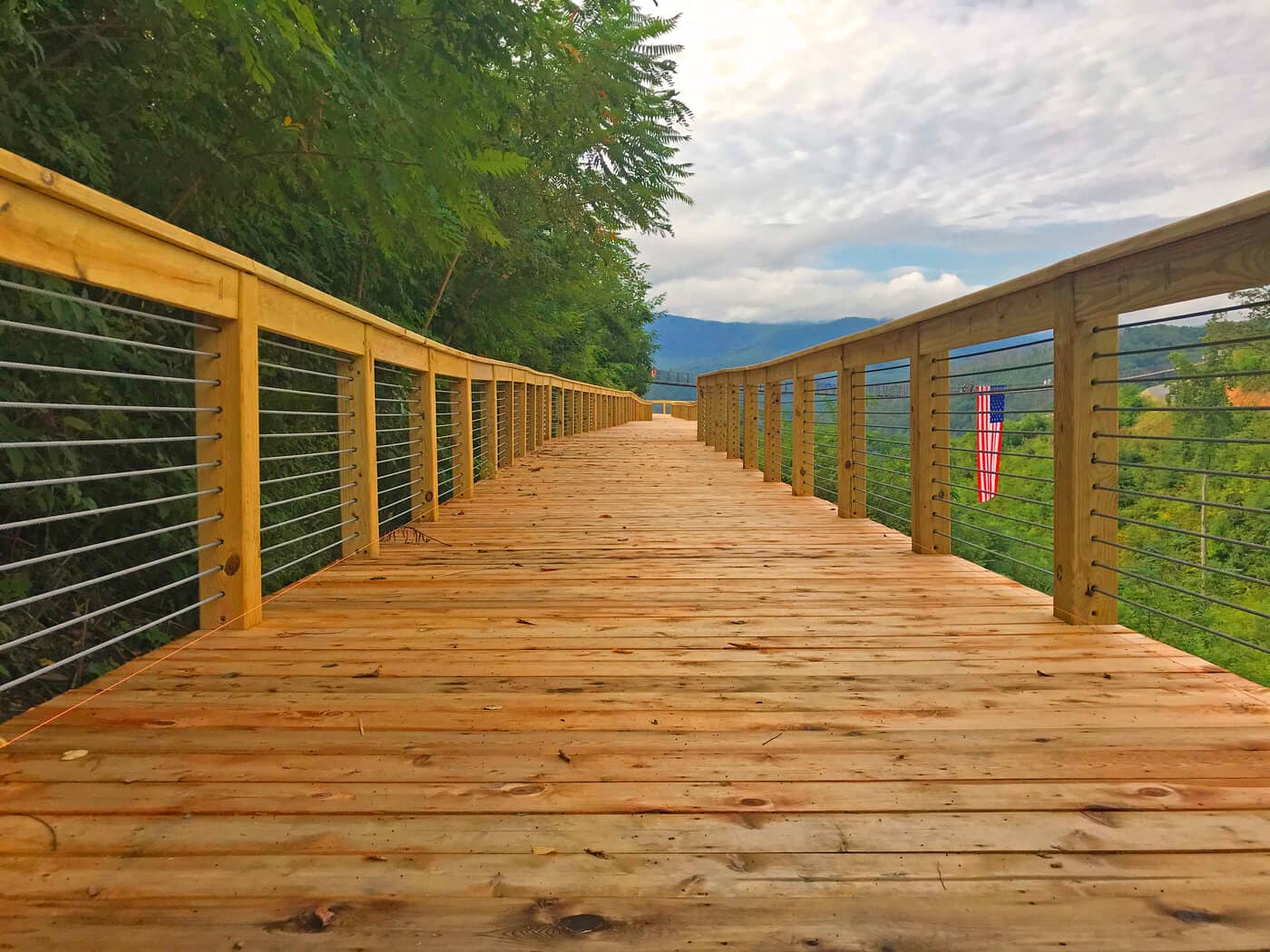 A view from the SkyTrail boardwalk, with the American Flag flying in the background.