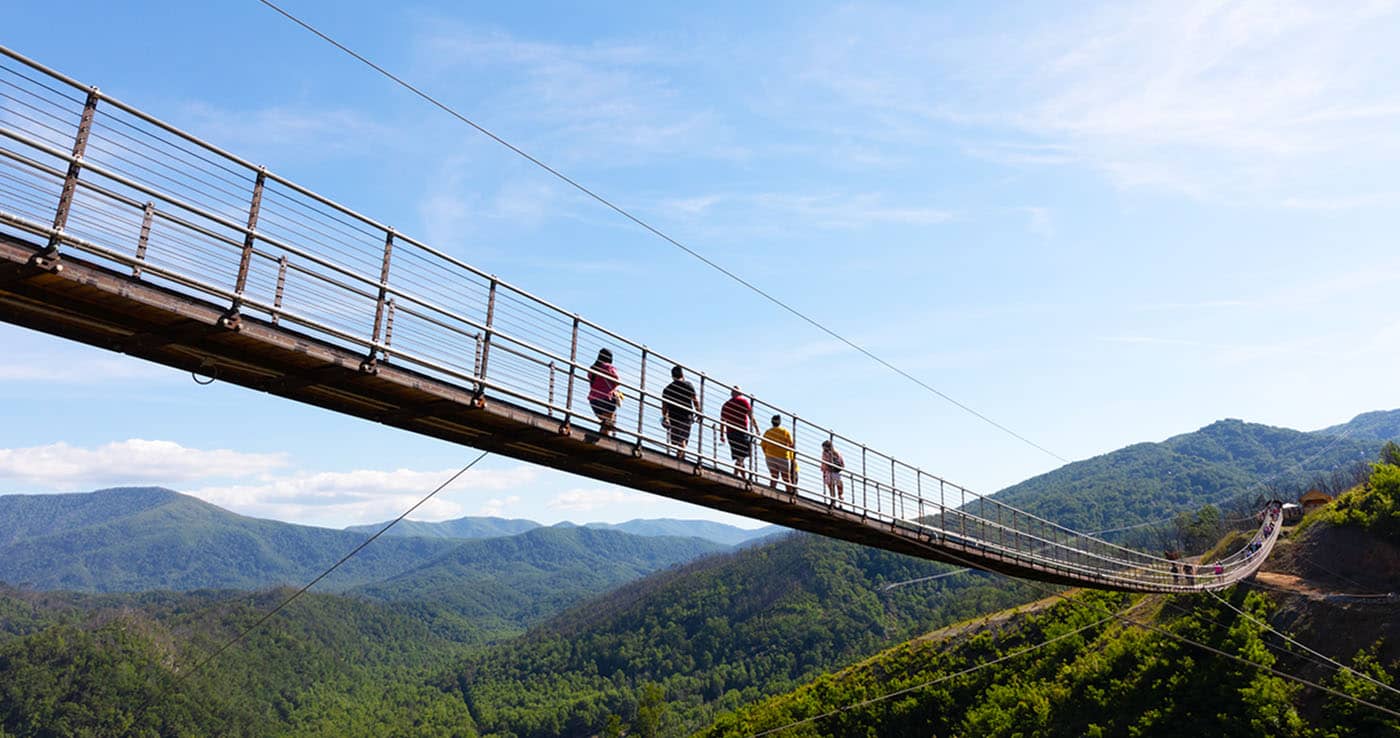 A view of the SkyBridge with the Great Smoky Mountains in the background.